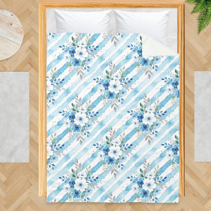 Blue White Floral Stripe Patterned Coastal Fleece Blanket