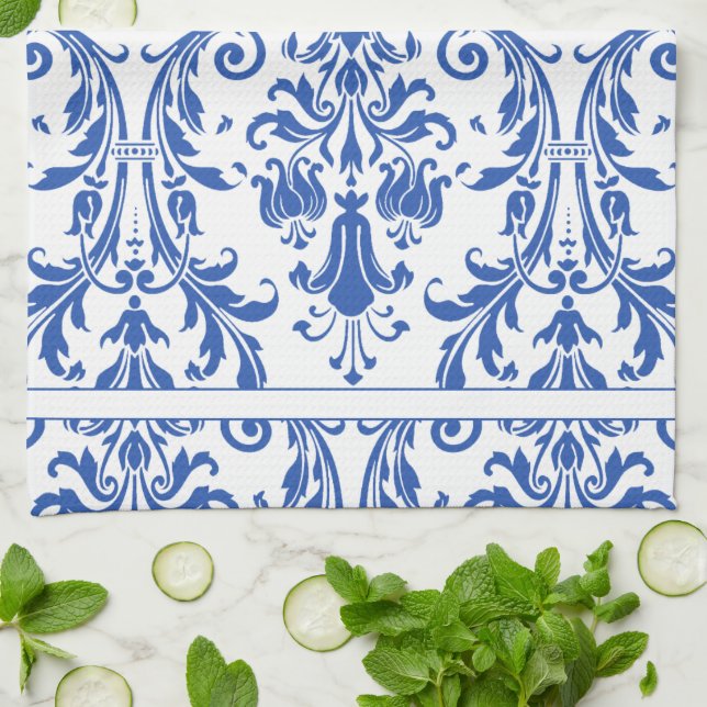 Blue White Floral Swirls Damask Monogram Kitchen Towel (Folded)