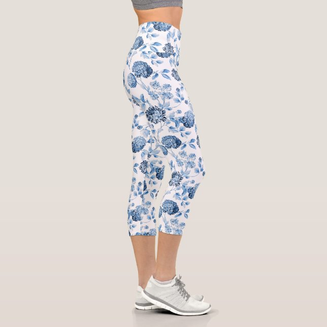 Blue & White Floral Toile Capri Leggings (Right)