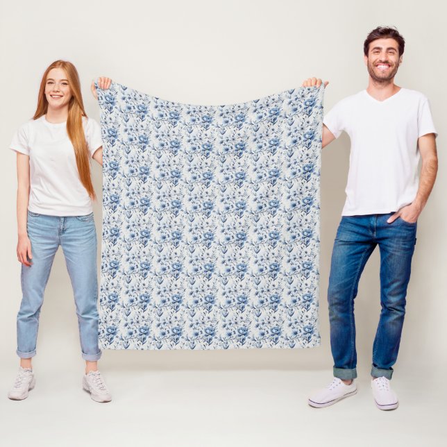 Blue White Floral Toile Chinoiserie Watercolor  Fleece Blanket (In Situ)