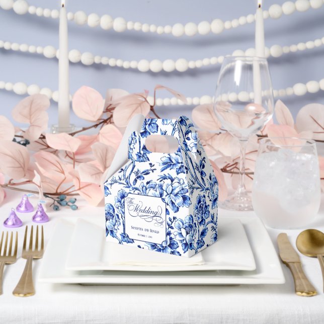 Blue & White Floral Toile with Calligraphy Wedding Favor Box (Wedding)