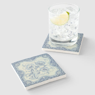 Blue & White Floral Victorian Majolica Antique Stone Coaster