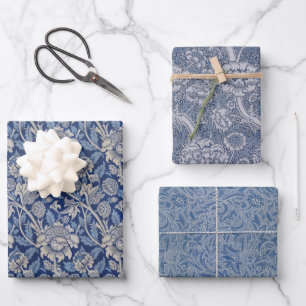 Blue White Floral Vintage William Morris Patterns Wrapping Paper Sheet