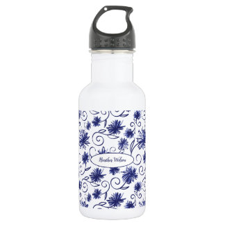 Blue White Floral Water Bottle with Name