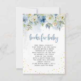 Blue White Floral with Gold Glitter Books for Baby Invitation