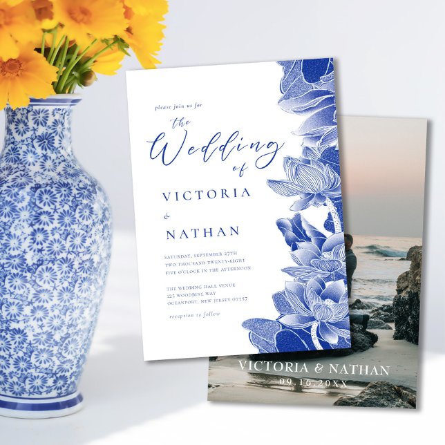 Blue & White Floral with Photo Chinoiserie Wedding Invitation (Creator Uploaded)