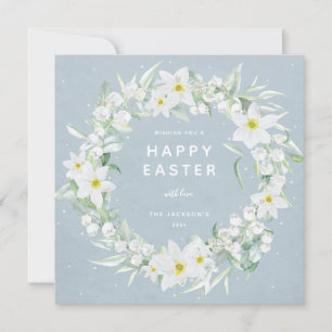 Blue + White Floral Wreath Happy Easter Flat Card