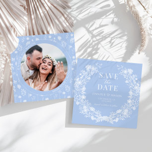 Blue white floral wreath Save the Date photo Card
