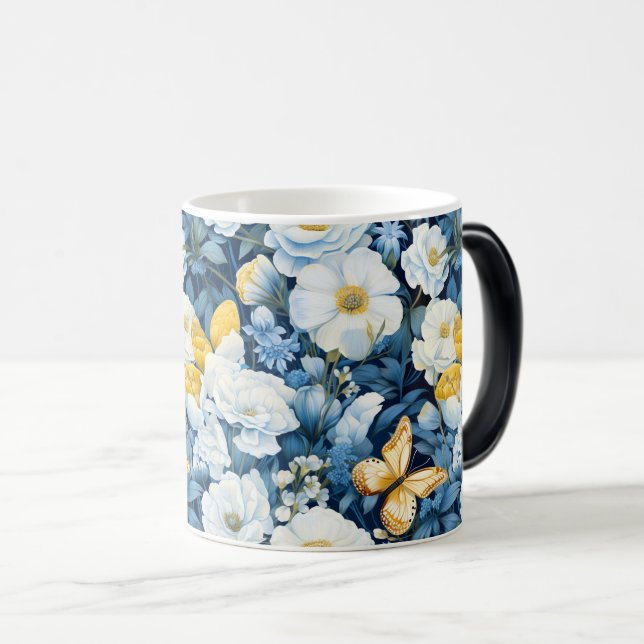 Blue & White Flower Butterfly Pattern Magic Mug (Front Right)
