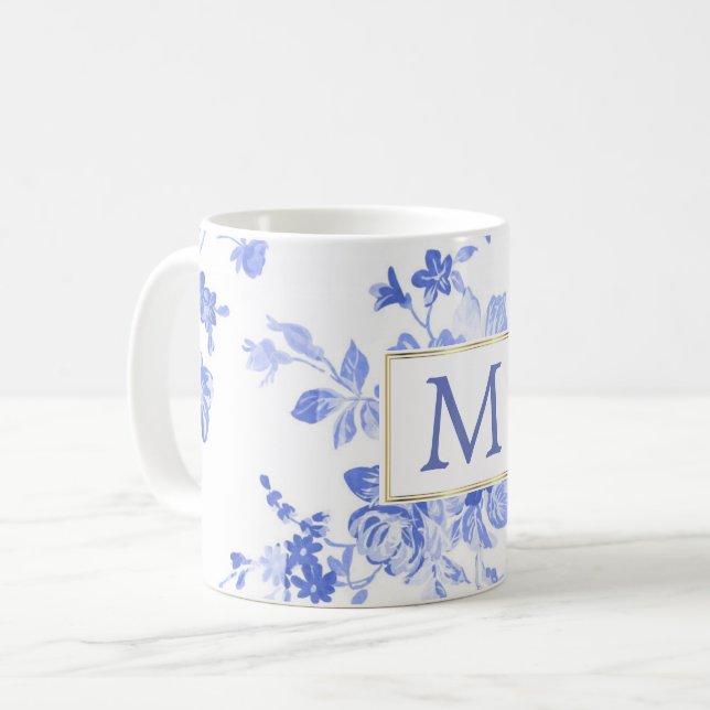 blue white flower china initial customizable coffee mug (Front Left)