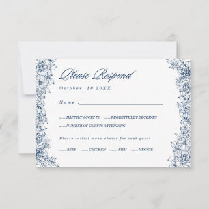 Blue White Flower Elegant Menu Choice RSVP Card