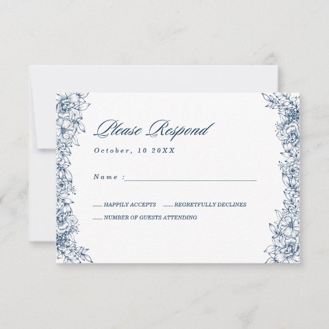 Blue White Flower Elegant Wedding RSVP Card (Front)