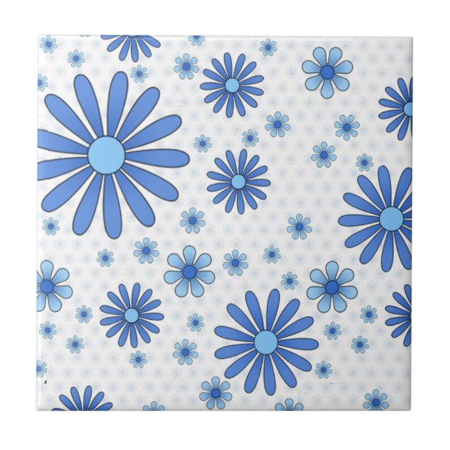 Blue & White Flower Power Retro Floral Tile (Front)