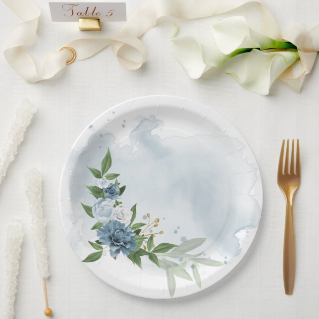 blue & white flowers botanical  paper plate (Wedding)