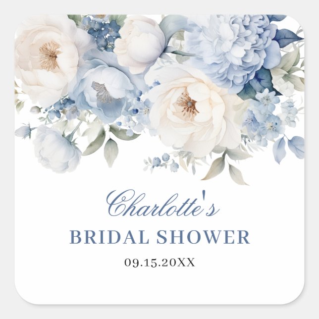 Blue & White Flowers Bridal Shower  Square Sticker (Front)
