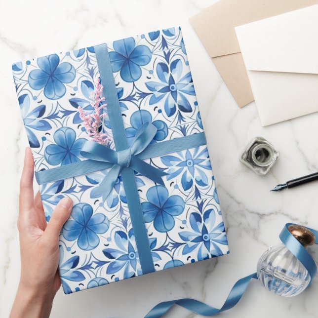 Blue White Flowers Bridal Shower Wrapping Paper (Gifting)