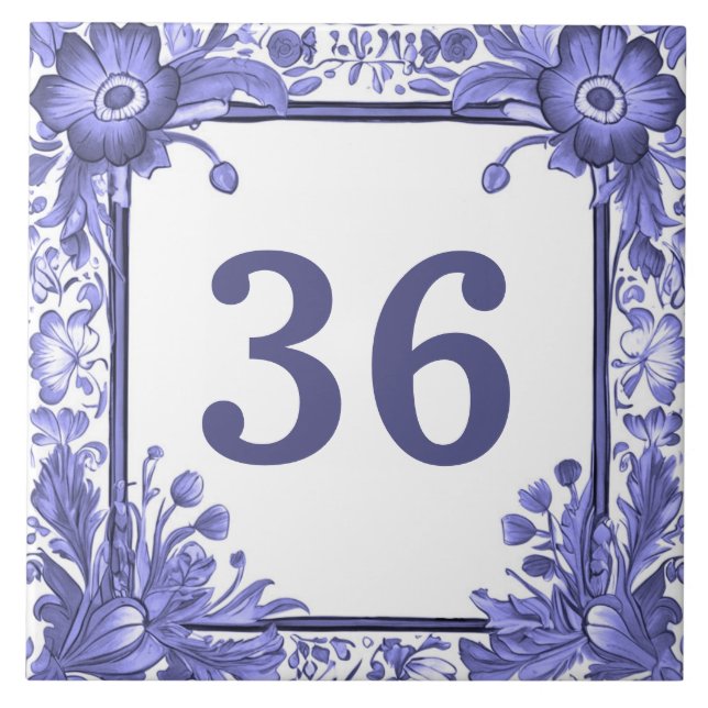 Blue White Flowers Custom House Number Plate Sign Tile (Front)