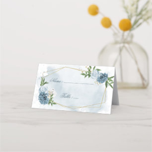 blue & white flowers green leaves geometric place card