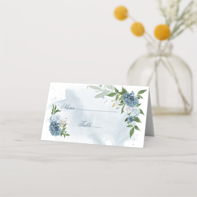 blue & white flowers green leaves  place card (Front)