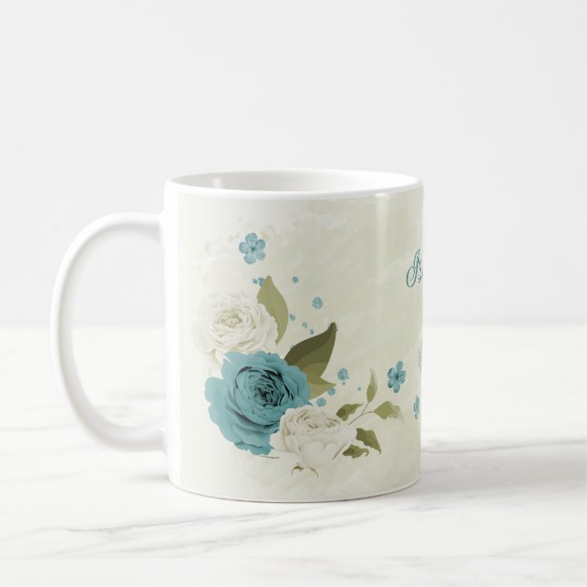 blue white flowers greenery  coffee mug (Left)