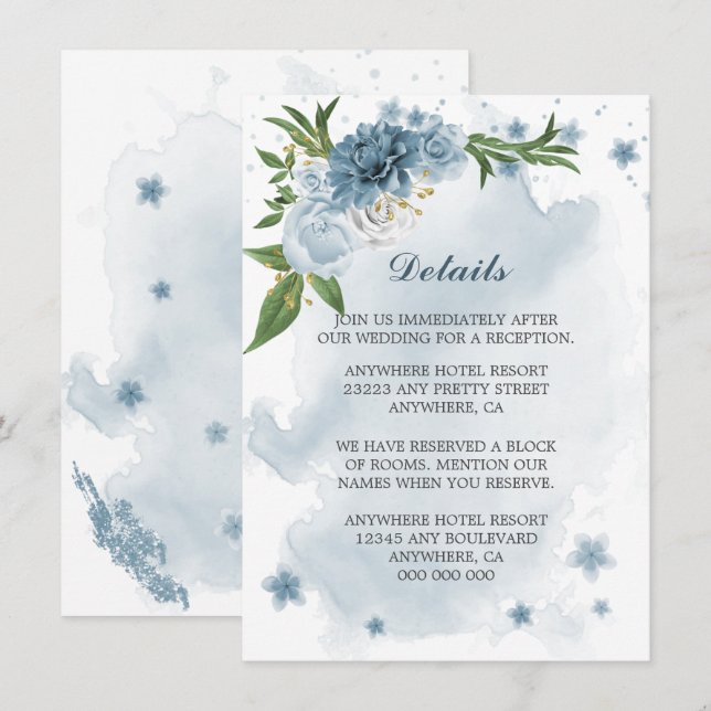 blue white flowers greenery details enclosure card (Front/Back)