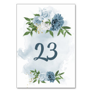 blue & white flowers greenery table number