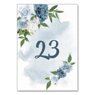 blue & white flowers greenery table number