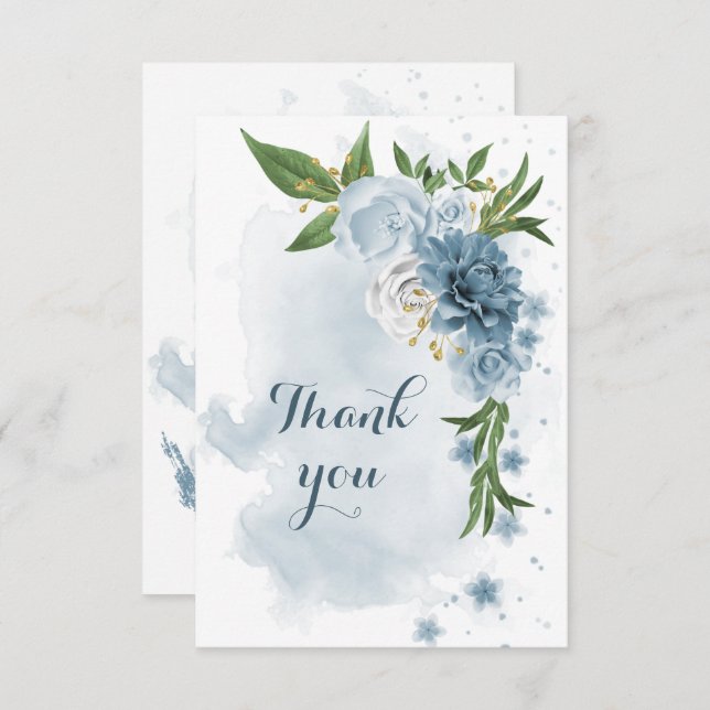 blue & white flowers greenery thank you card (Front/Back)