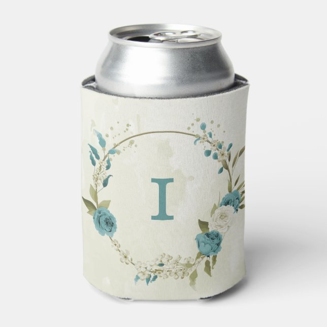 blue white flowers greenery wedding can cooler (Can Front)