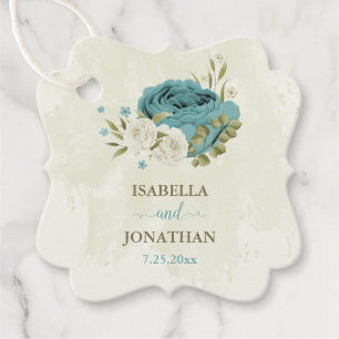 blue white flowers greenery wedding favour tags