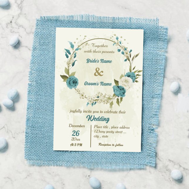 blue white flowers greenery wedding invitation (Creator Uploaded)