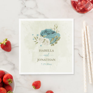 blue white flowers greenery wedding napkin