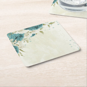 blue white flowers greenery wedding square paper coaster