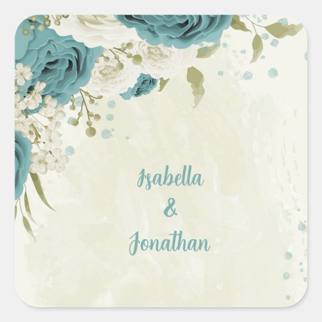 blue white flowers greenery wedding square sticker (Front)