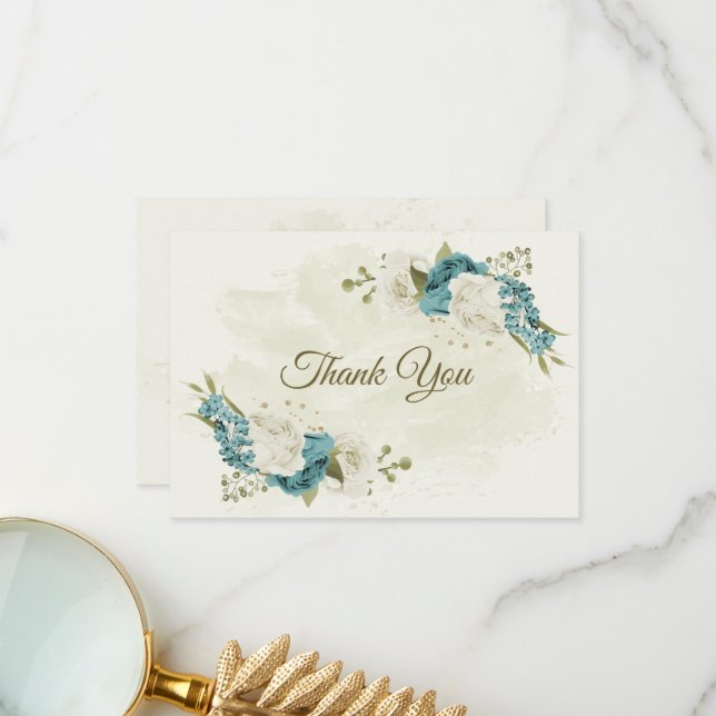 blue white flowers greenery wedding thank you card (Front/Back In Situ)