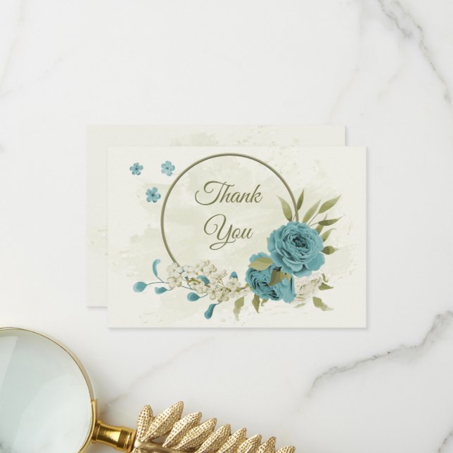 blue white flowers greenery wedding thank you card (Front/Back In Situ)