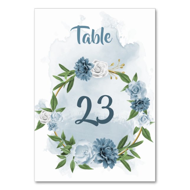 blue & white flowers greenery wreath table number (Front)