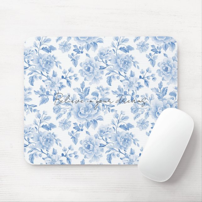 Blue White Flowers Mouse Pad (With Mouse)