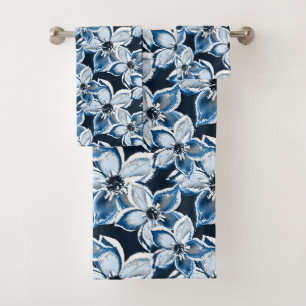 Blue, white flowers on a black background. Bath Towel Set