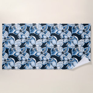  Blue, white flowers on a black background.  Beach Towel