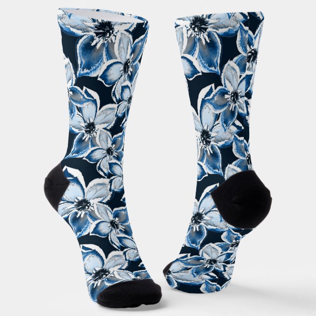  Blue, white flowers on a black background.  Socks (Angled)