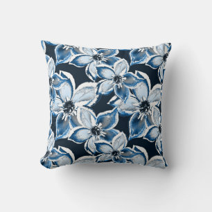 Blue, white flowers on a black background. Throw Pillow