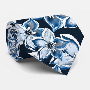  Blue, white flowers on a black background.  Tie