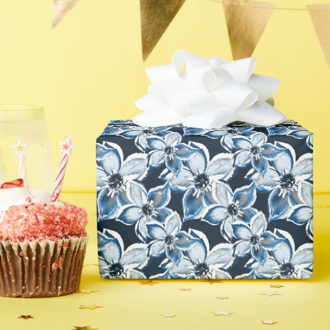  Blue, white flowers on a black background.  Wrapping Paper (Birthday Party)