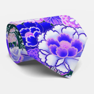 BLUE WHITE FLOWERS Peony,Roses Japanese Floral Tie