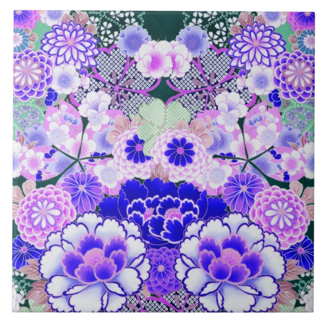 BLUE WHITE FLOWERS Peony,Roses Japanese Floral  Tile (Front)