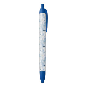 Blue White Flowers Stripes Black Ink Pen