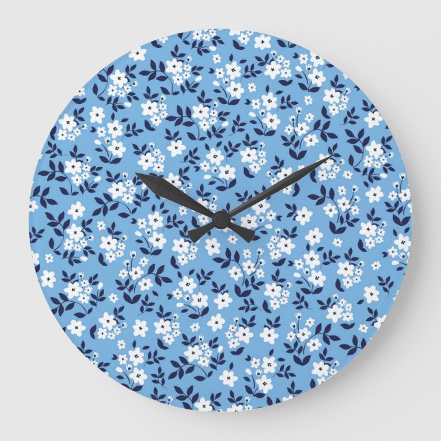 Blue, White Flowers: Vintage Large Clock (Front)