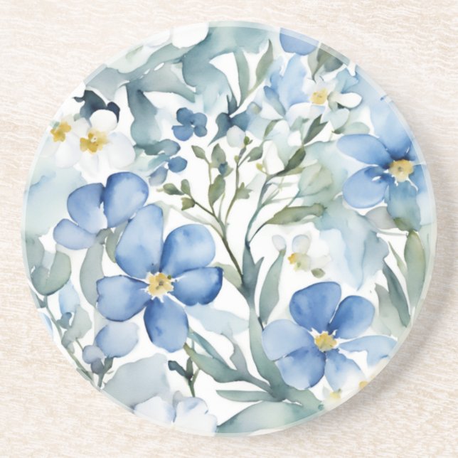 Blue White Flowers Watercolor Chic Coaster (Front)