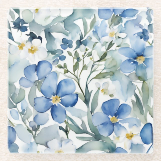 Blue White Flowers Watercolor Chic Glass Coaster (Front)